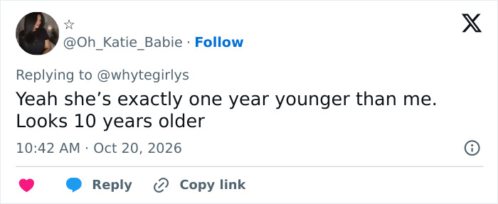 A user comment on social media referencing age appearance differences related to a plastic surgery trend. A user comment on social media referencing age appearance differences related to a plastic surgery trend.