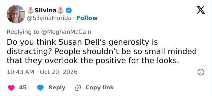 Tweet defending Susan Dell's generosity amid looks criticism Tweet defending Susan Dell's generosity amid looks criticism