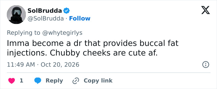 A post reacting to the plastic surgery trend with a comment about buccal fat injections. A post reacting to the plastic surgery trend with a comment about buccal fat injections.