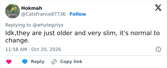 A social media comment defending facial changes as normal aging rather than a plastic surgery trend. A social media comment defending facial changes as normal aging rather than a plastic surgery trend.