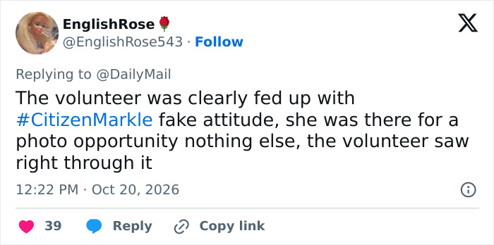 X post commenting on Meghan Markle's food bank visit and interactions with volunteers.