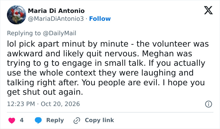 A social media post discussing Meghan Markle's food bank visit interaction with a volunteer.