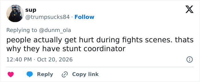 Social media comment discussing safety coordinators for film sets and stunt scenes.
