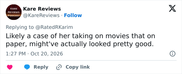A social media post discussing an Hollywood star career slump and movie role choices.