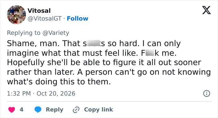 User post expressing empathy for Christina Applegate health update and next steps. User post expressing empathy for Christina Applegate health update and next steps.