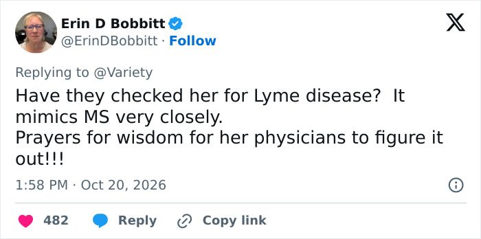Online comment addressing Christina Applegate and possible causes for her symptoms. Online comment addressing Christina Applegate and possible causes for her symptoms.