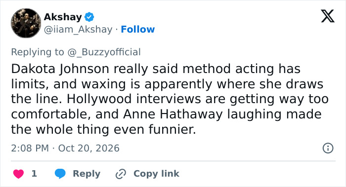 A social media post commenting on Dakota Johnson and her humorous interview moment. A social media post commenting on Dakota Johnson and her humorous interview moment.