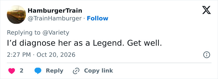 A social media comment calling Christina Applegate a legend in response to news about her MS update. A social media comment calling Christina Applegate a legend in response to news about her MS update.