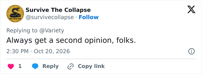 A social media post reacting to Christina Applegate MS news with advice to always get a second opinion. A social media post reacting to Christina Applegate MS news with advice to always get a second opinion.