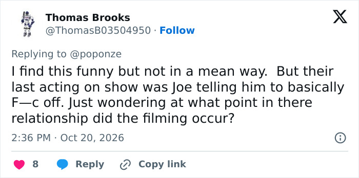 A social media comment discussing filming timelines related to a Hollywood star relationship.