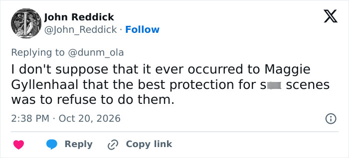Social media post commenting on Hollywood actress demanding safer intimate scenes.