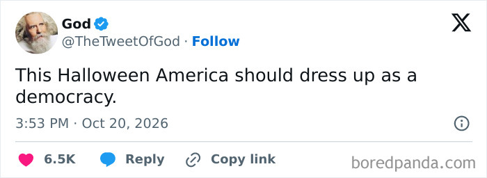 One of the hilarious tweets suggesting America dress up as a democracy for Halloween.