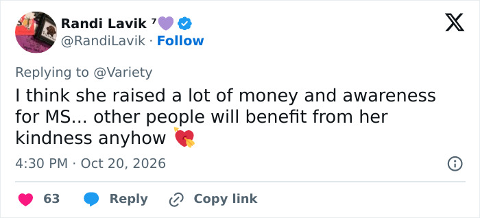 Social media comment about Christina Applegate raising awareness and funds for MS. Social media comment about Christina Applegate raising awareness and funds for MS.