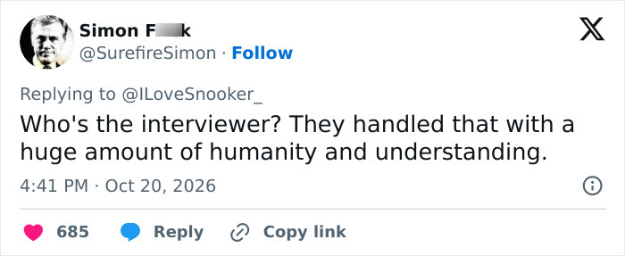 A social media post praising an interviewer response for handling an interview with humanity and understanding.