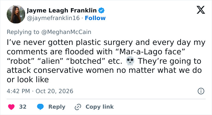 A social media post by a conservative woman addressing comments about Mar-a-Lago Face and plastic surgery allegations. A social media post by a conservative woman addressing comments about Mar-a-Lago Face and plastic surgery allegations.