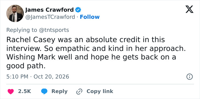 Social media post praising reporter Rachel Casey for her empathetic response during a sports star interview.