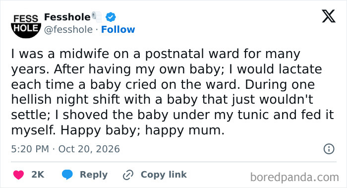 One of the online anonymous confessions from a midwife regarding feeding a crying baby.