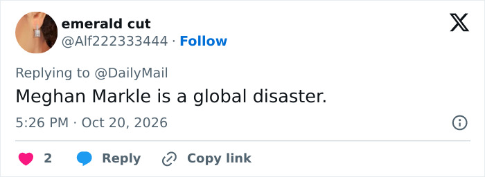 A social media post calling Meghan Markle a disaster regarding her food bank visit.