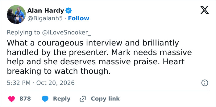 A tweet praising a reporter for her empathetic response during a difficult mid-interview with a star.
