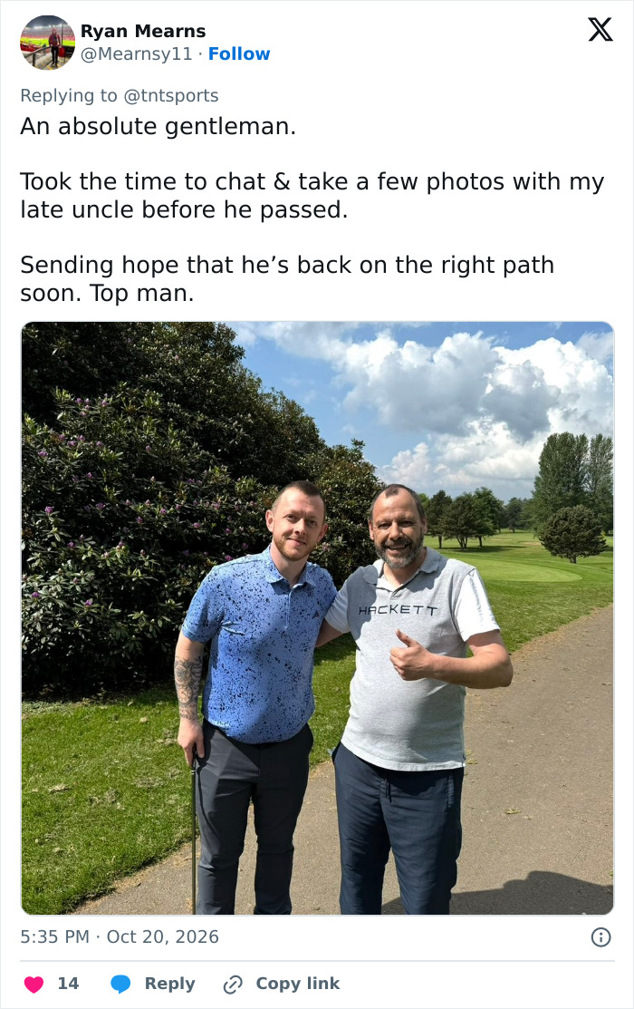 A social media post supporting a star after an emotional mid-interview with a picture of two men outdoors.