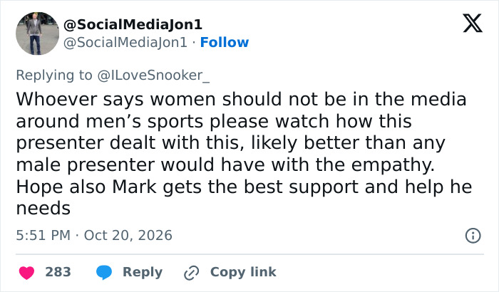 A user tweet praising a female presenter and reporter response for displaying empathy during a men's sports interview.