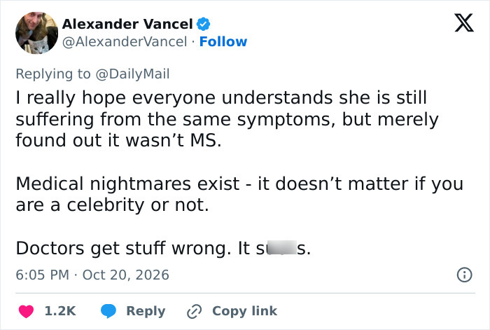 Social media post discussing Christina Applegate and her medical diagnosis status. Social media post discussing Christina Applegate and her medical diagnosis status.