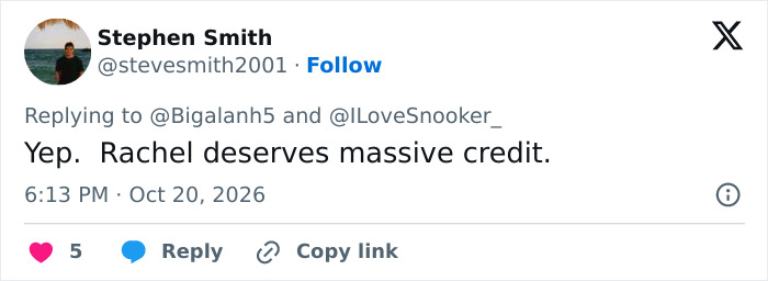 A social media post from Stephen Smith praising reporter response, saying Rachel deserves massive credit.