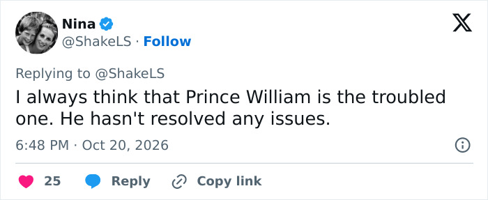 A user comment about Prince William and Kate at a royal event expressing thoughts on Prince William.