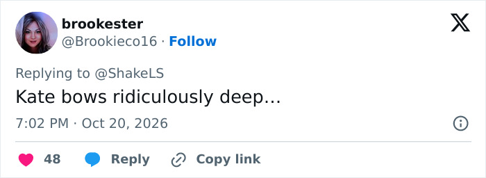Social media comment discussing Kate Middleton curtseying deeply during a royal event.