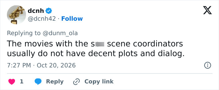 Social post about a Hollywood actress and intimate scenes regarding plot and movie dialogue quality.