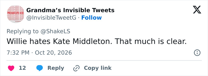 Social media post with conspiracy theories about Kate Middleton and Prince William at a royal event.
