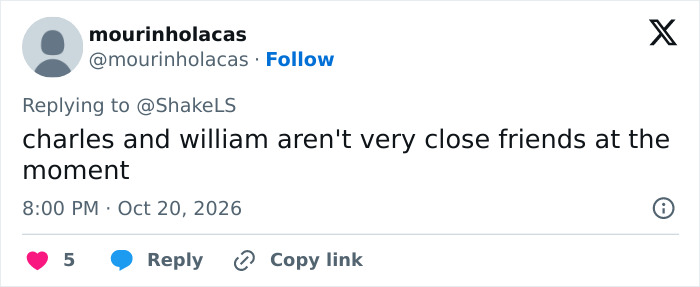 A tweet speculating on the relationship between Charles and Prince William during a royal event.