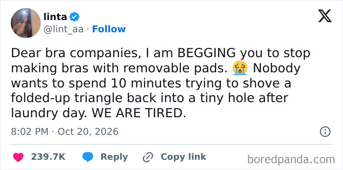 Funny tweet shared this October complaining about sports bras with removable pads.