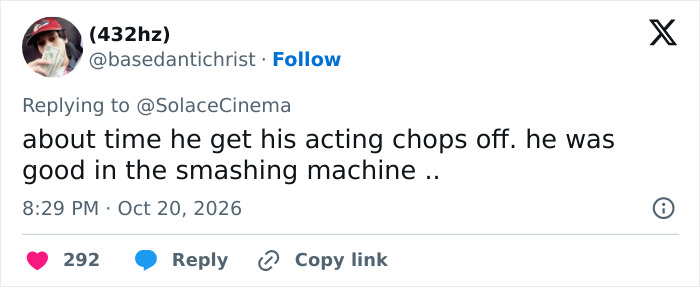 A user tweet expressing support for a Hollywood superstar and his recent acting performance.