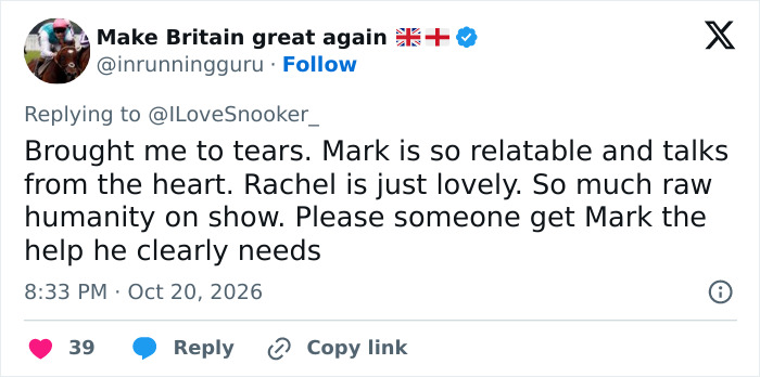 Social media comment praising snooker star open interview and reporter.