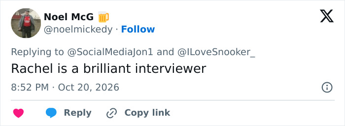 A tweet stating Rachel is a brilliant interviewer, highlighting praise for a reporter response.