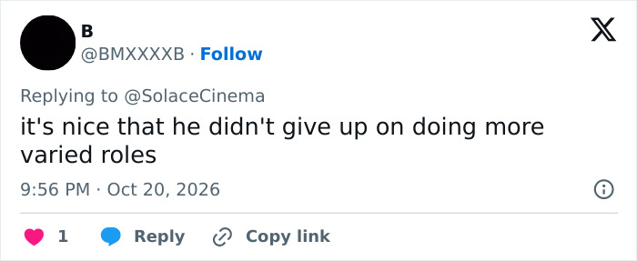 A social media post praising a Hollywood superstar for taking on diverse roles after a dramatic transformation.