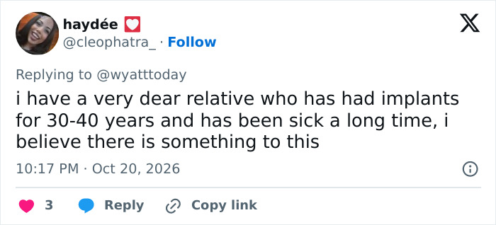 Social media post about long-term implant sickness related to Christina Applegate misdiagnosis discussions.