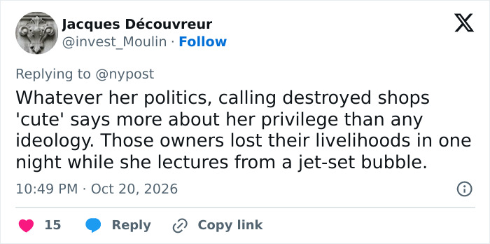 Tweet criticising an influencer for calling destroyed shops cute during the France riots