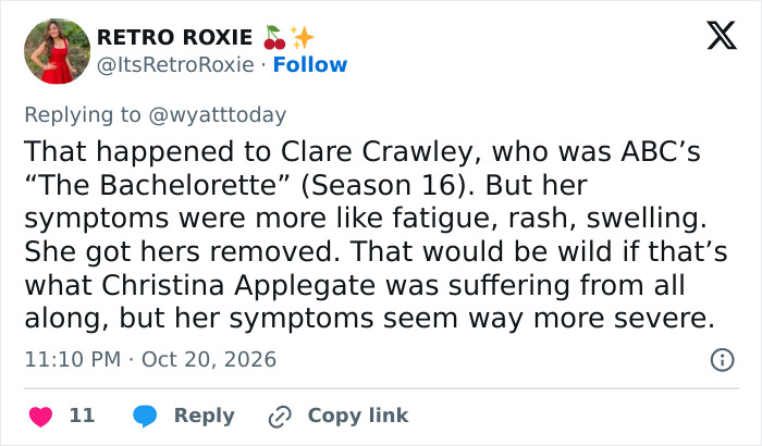 A social media post comparing Christina Applegate to other female stars like Clare Crawley