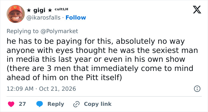 X post reacting to Noah Wyle named clear favorite for sexiest man title
