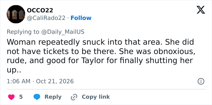 Fan tweet about an eyewitness account of Taylor Swift’s tense moment with a fan at the Chiefs game.