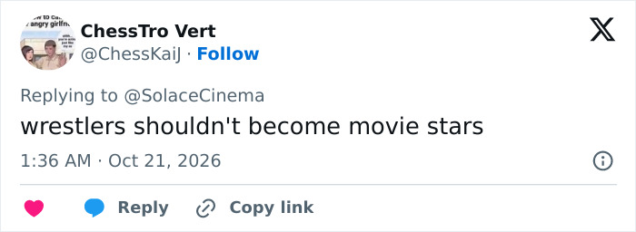 A social media post discussing a Hollywood superstar and wrestlers becoming movie stars.
