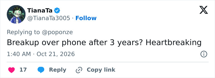 A social media reaction post discussing a breakup involving a Hollywood star.