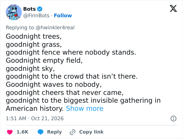 Screenshot of a social media post mocking Trump waving at nobody with a satirical poem. Screenshot of a social media post mocking Trump waving at nobody with a satirical poem.