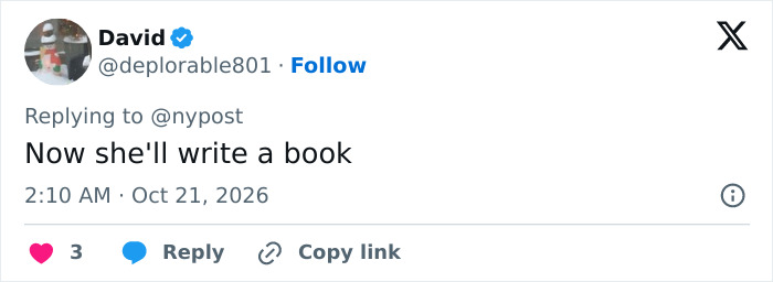 A tweet reacting to Taylor Swift at a Chiefs game stating Now she will write a book.