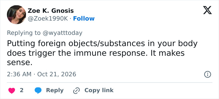 A social media comment discussing immune system responses to foreign objects