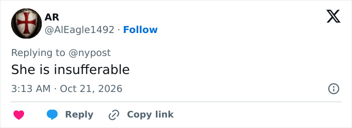 A social media reaction to Taylor Swift at a Chiefs game with a comment stating She is insufferable.