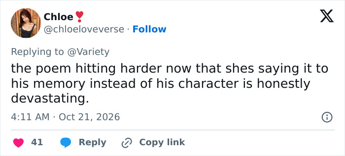Social media comment reacting to the poem performed as a tribute to a late co-star.