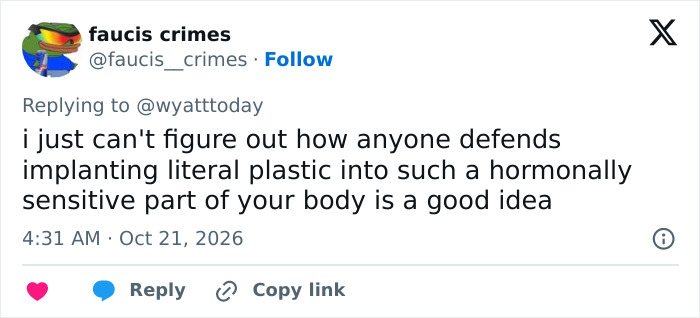 A social media post offering theories on Christina Applegate and body implants